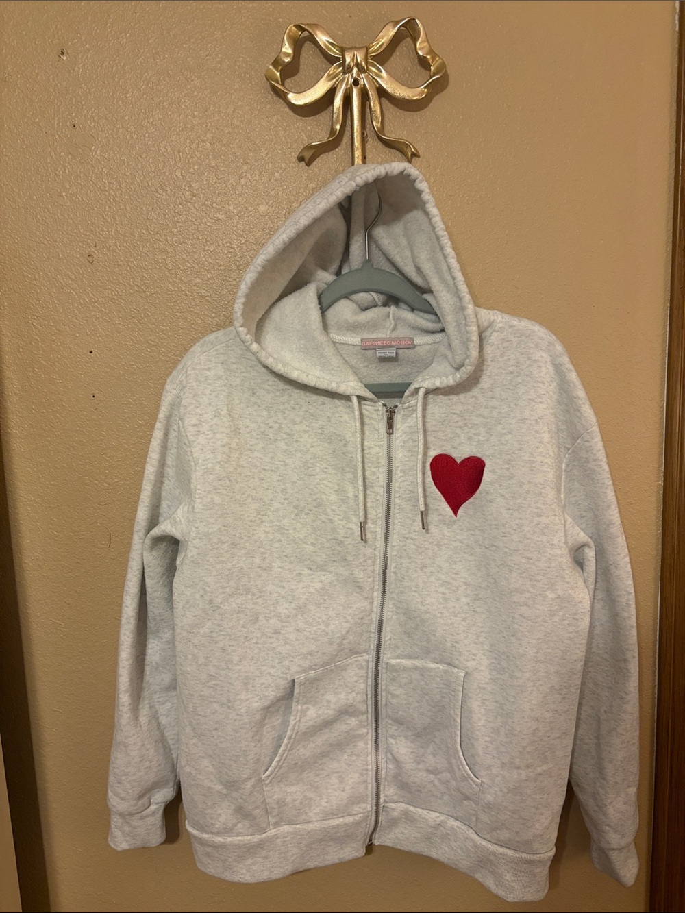 Light Gray Zip Hoodie with Red Heart Patch